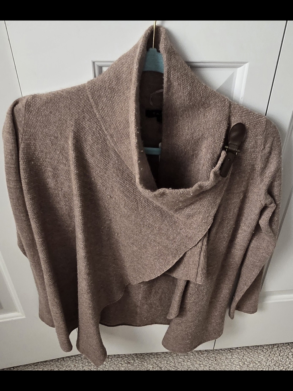 Women’s Asymmetrical Taupe Knit Sweater with Buckle Detail, Women's S